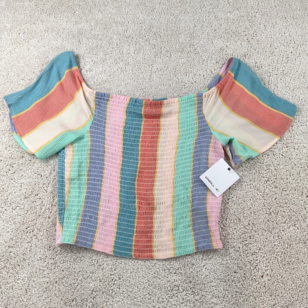O'Neill Ally Women's Smocked Off Shoulder Crop Top‎ Multicolor Stripe Medium NEW